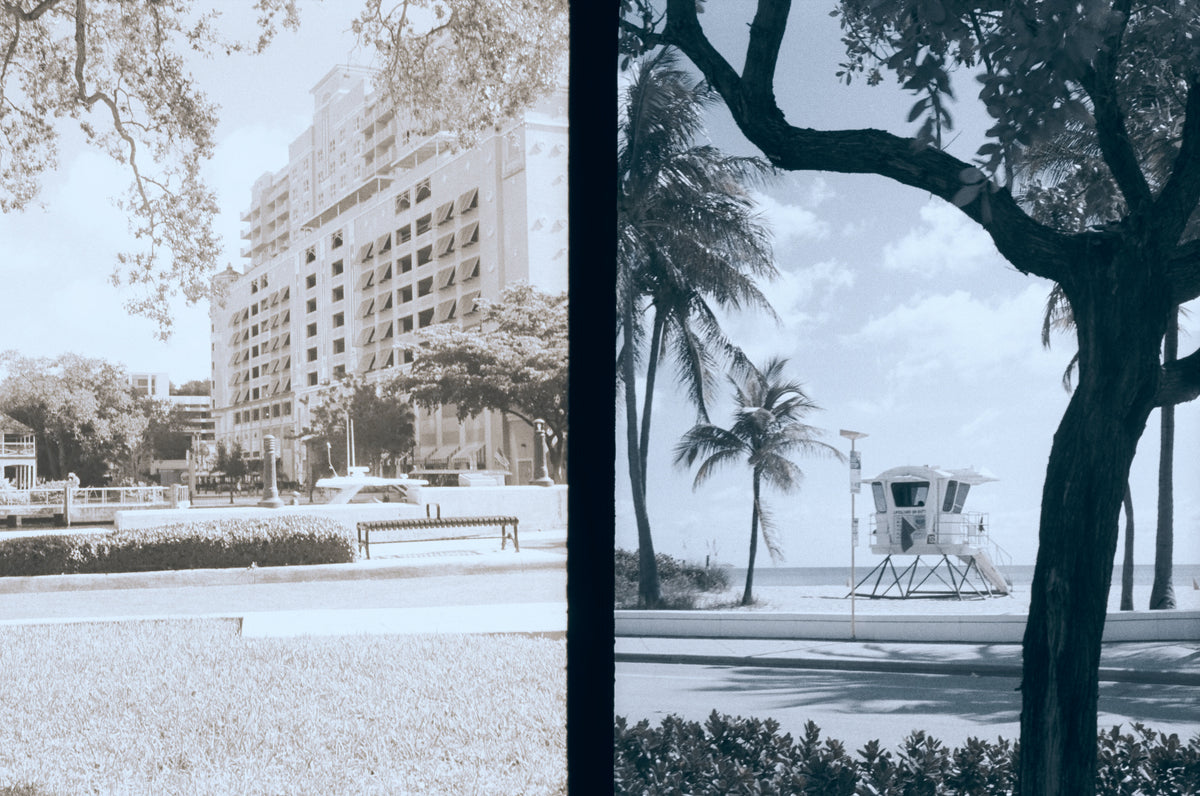 A split-screen artistic photograph of a coastal city scene, with a sepia-toned view of a tall building on the left and a desaturated blue-toned view of a beach lifeguard tower framed by trees on the right.