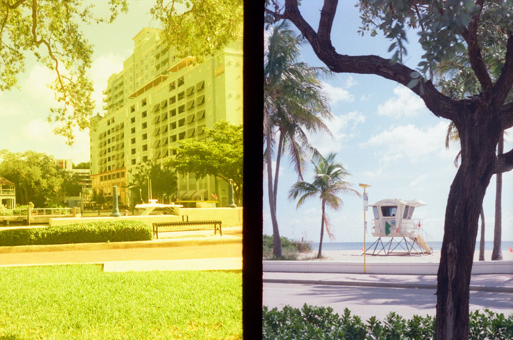 A split-screen comparison of two Miami beach scenes: on the left, a yellow-tinted photo of a hotel and lawn; on the right, a cooler-toned photo of a lifeguard tower, palm trees, ocean, and sky framed by a large tree trunk.