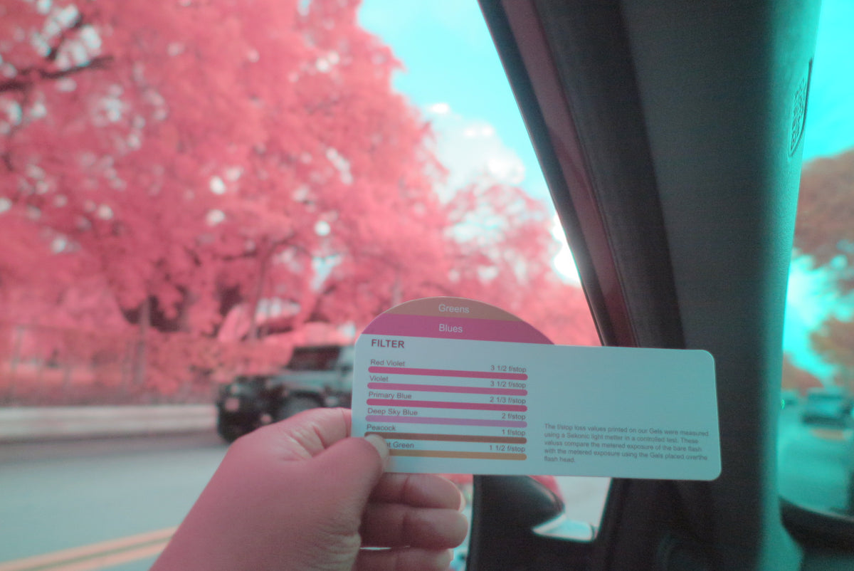 Before Bleach Bypass Image - A hand holding a car windshield filter test card in front of a car window, with a blurred background of pink trees and a road.